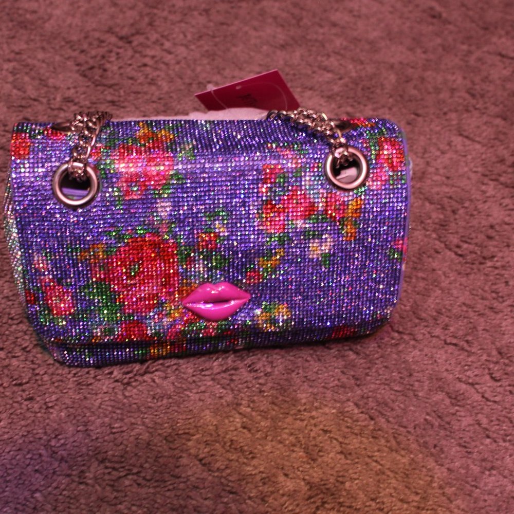 Betsey Johnson Rhinestone Bag Blue with Roses. - Picture 4 of 10